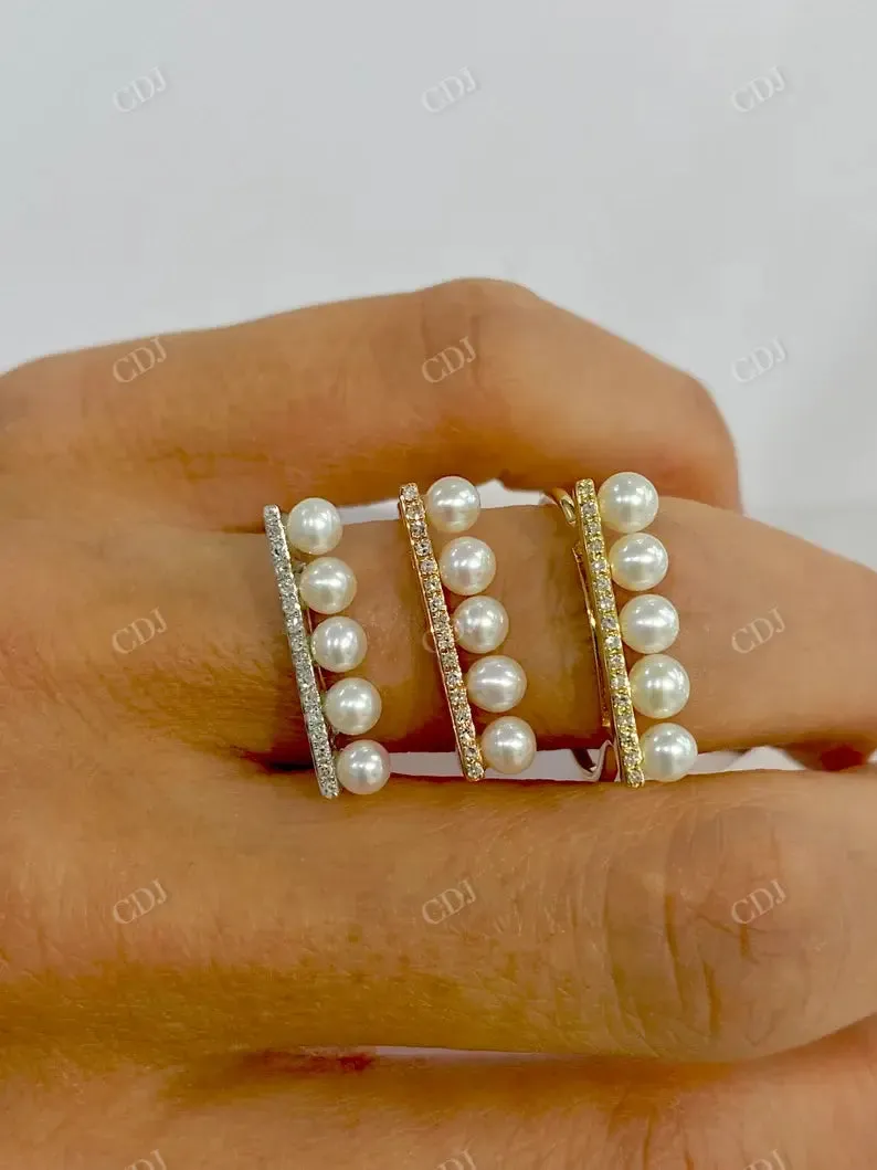 0.05CTW Genuine Diamond and Pearl Bar Ring