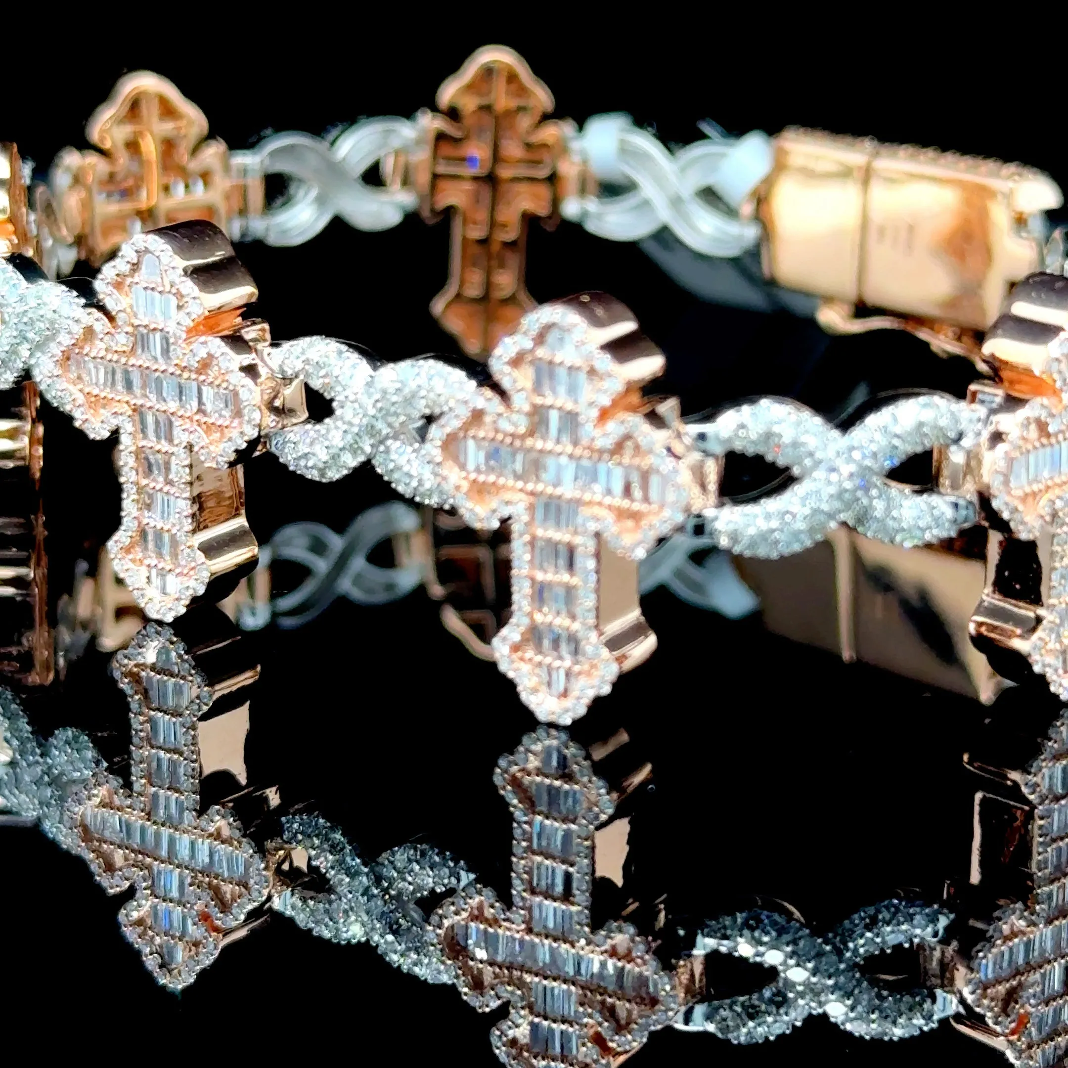 10K Rose & White Gold Diamond Cross Bracelet (7.01ct)