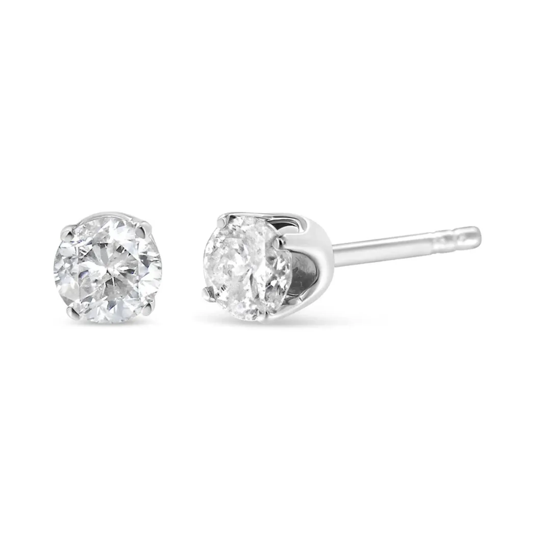 14K White Gold 1/10 Cttw Round Brilliant-Cut Near Colorless Diamond Classic 4-Prong Stud Earrings (G-H Color, I1-I2 Clarity)