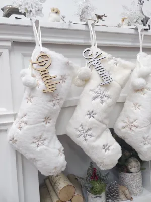 20" Fuzzy Plush Snowflake Christmas Stockings | Bright White Gold Sequins Ivory Silver Sequins Holiday Decor Personalized Wood Name Tag