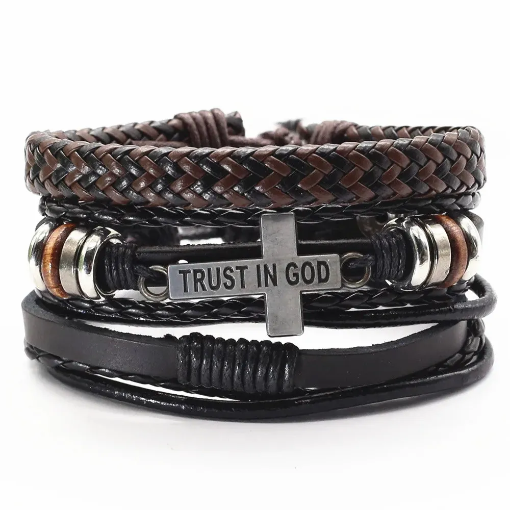 3 Pcs/Set Leather Bracelets Men Bangles For Women Wood Beads Feather TRUST IN GOD Cross Charm Homme Gift Jewelry Freely Shipping