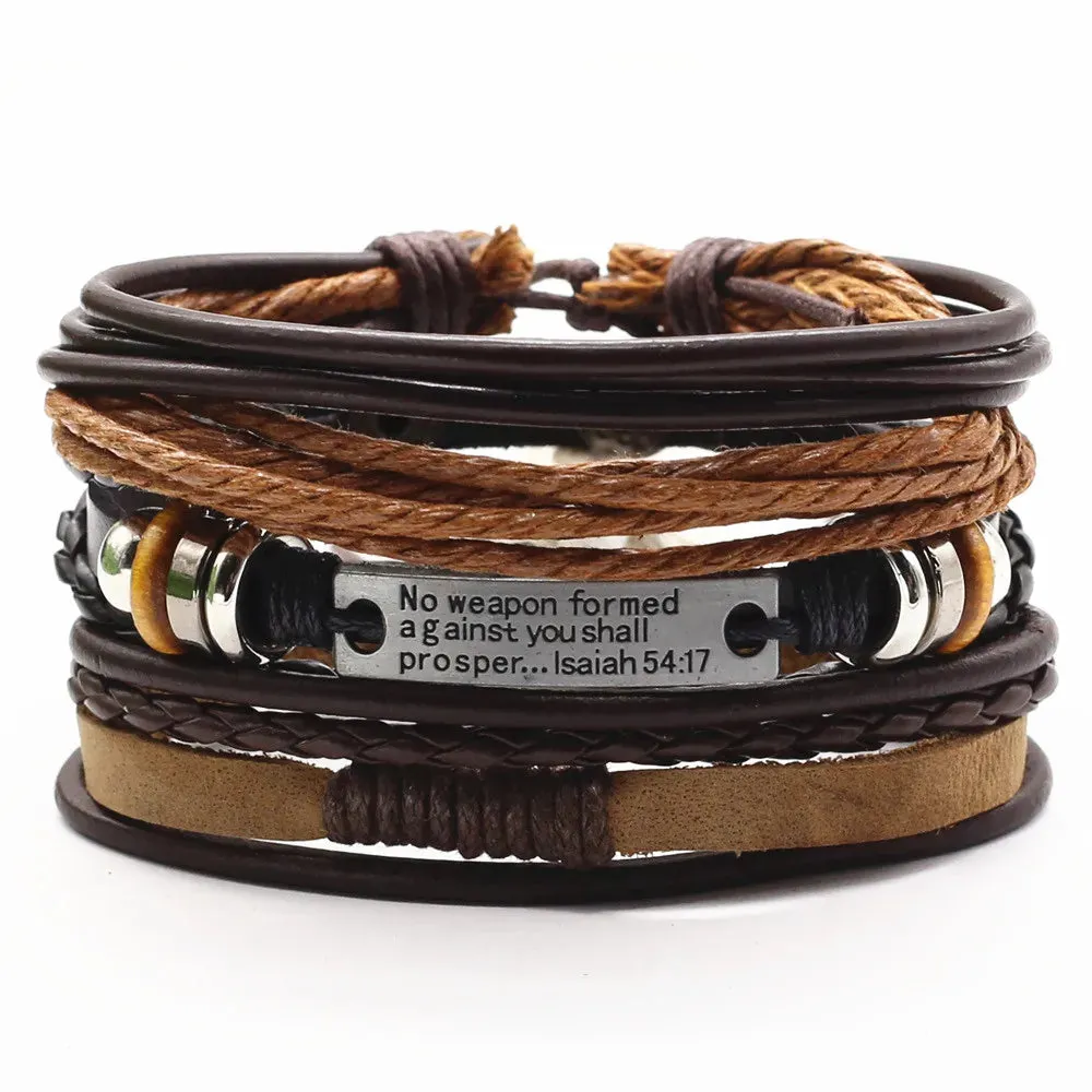 3 Pcs/Set Leather Bracelets Men Bangles For Women Wood Beads Feather TRUST IN GOD Cross Charm Homme Gift Jewelry Freely Shipping