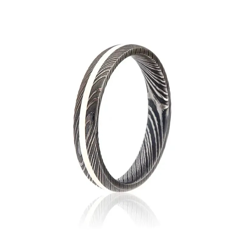 4mm Damascus Steel Wedding Band - Sterling Silver Inlay