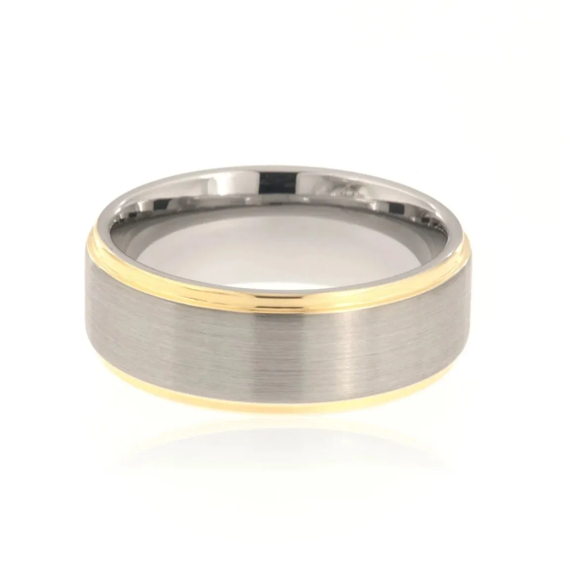 8mm Heavy Tungsten Carbide Men's Two Tone Ring, Grey Brush Band With Yellow Gold Step Edge - FREE Personalization