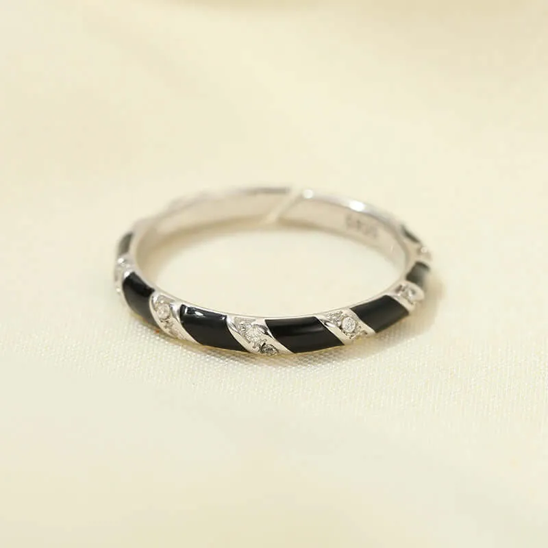 925 Silver Black Enamel Patchwork Ring