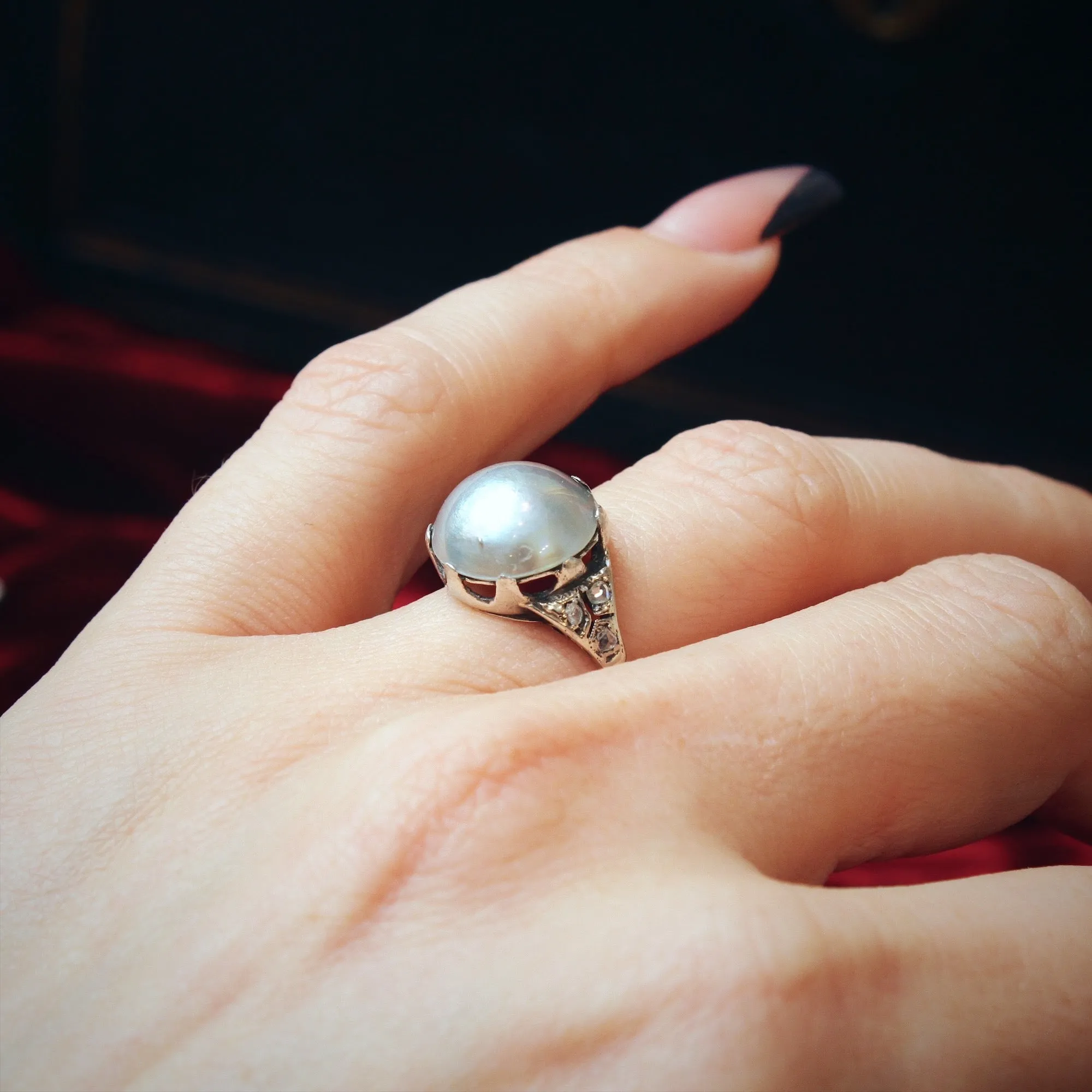 An Ethereal Antique Mabe Pearl & Diamond Dress Ring