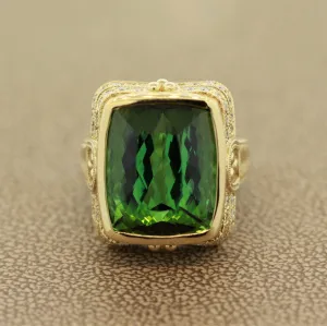 Antique Style Green Tourmaline Diamond Gold Cocktail Ring