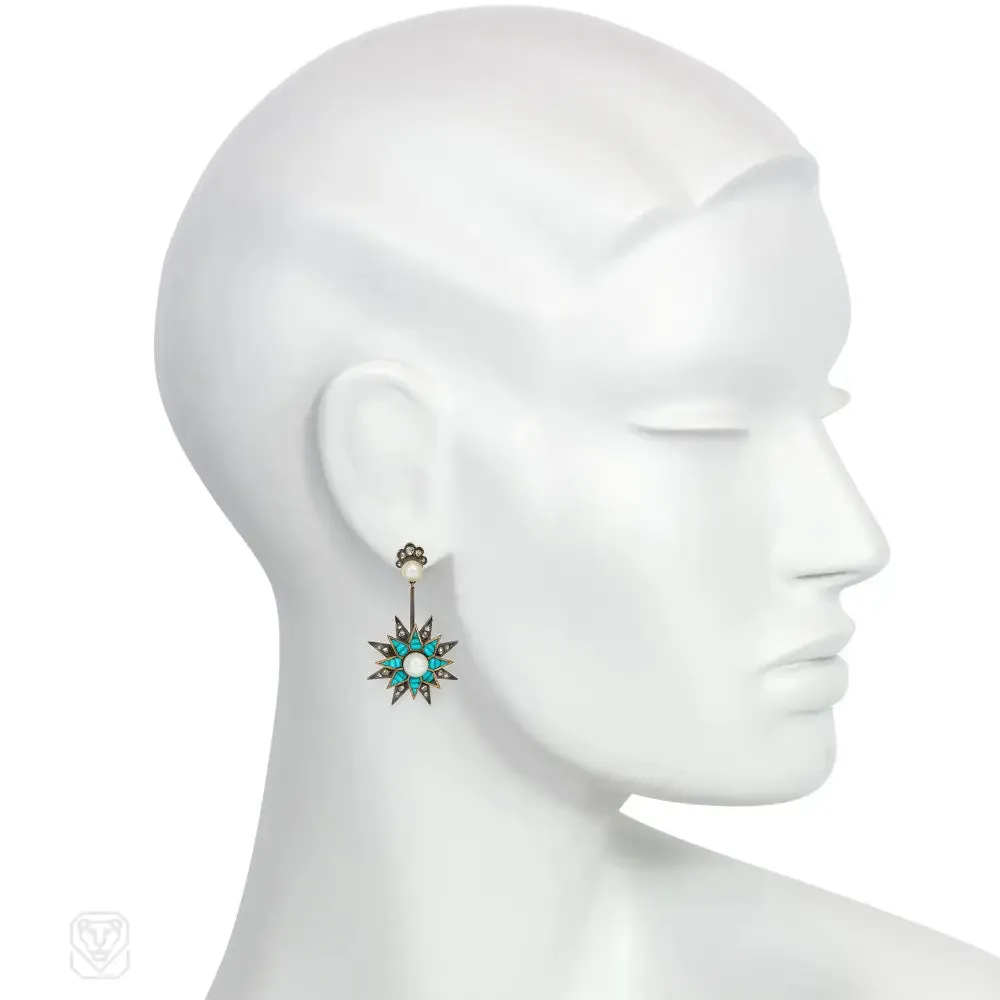 Antique turquoise, pearl, and diamond pendant star earrings