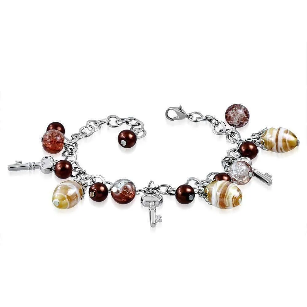 Attic Treasures Vintage Key Beaded Charm Bracelet in Ruby or Bronze