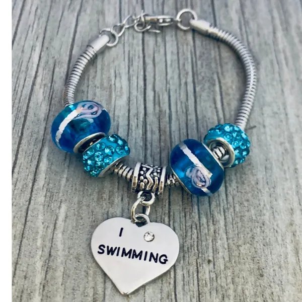 Beaded Charm Bracelet - "I Love Swimming"