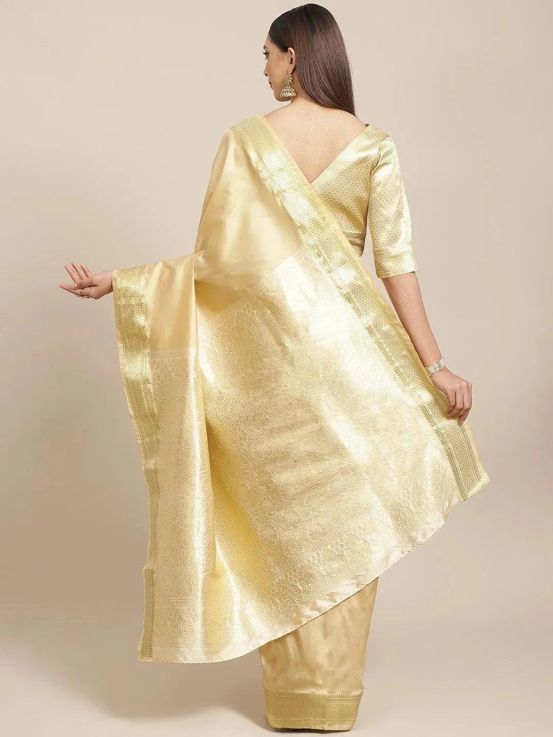 Beige Solid Silk Blend Saree