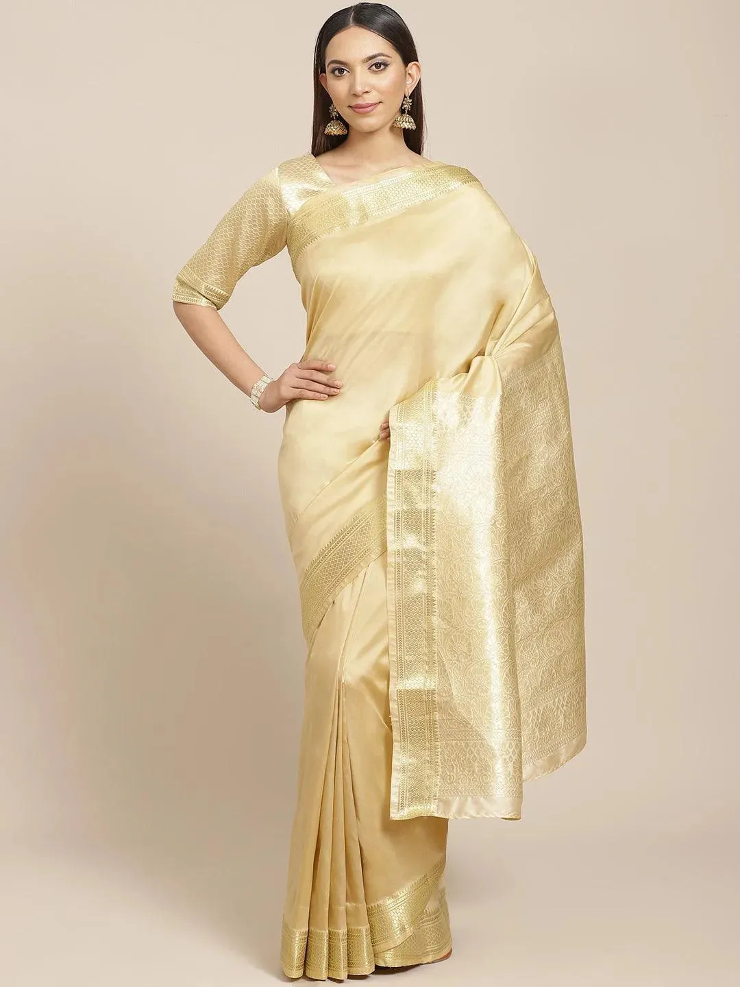 Beige Solid Silk Blend Saree