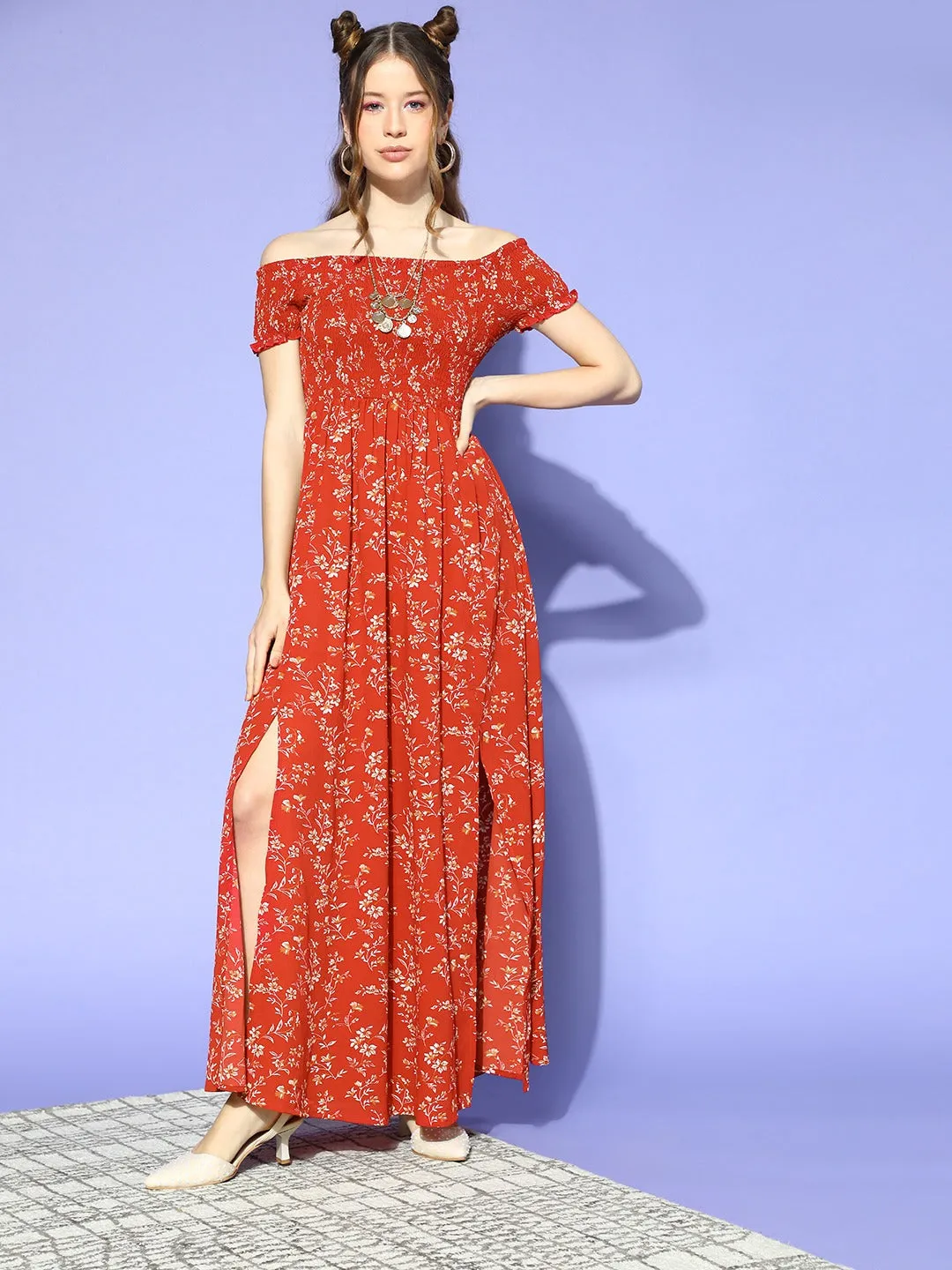 Berrylush Women Red & White Floral Printed Off-Shoulder Neck Thigh-High Slit Crepe Smocked Maxi Dress