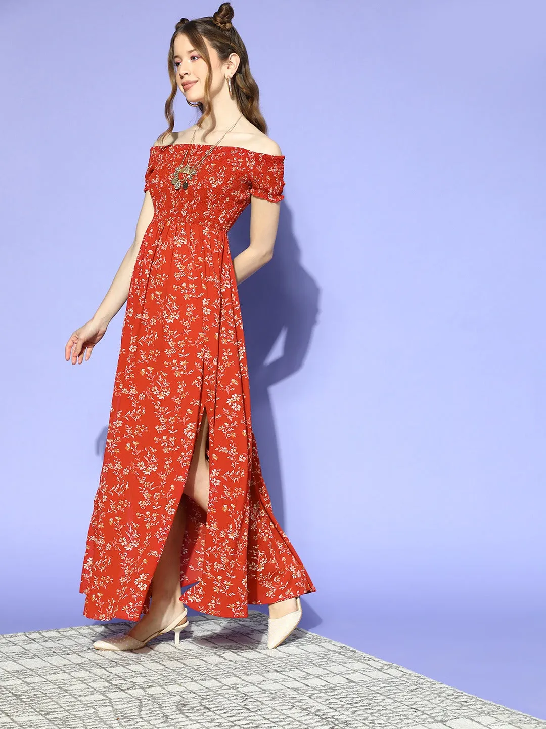 Berrylush Women Red & White Floral Printed Off-Shoulder Neck Thigh-High Slit Crepe Smocked Maxi Dress