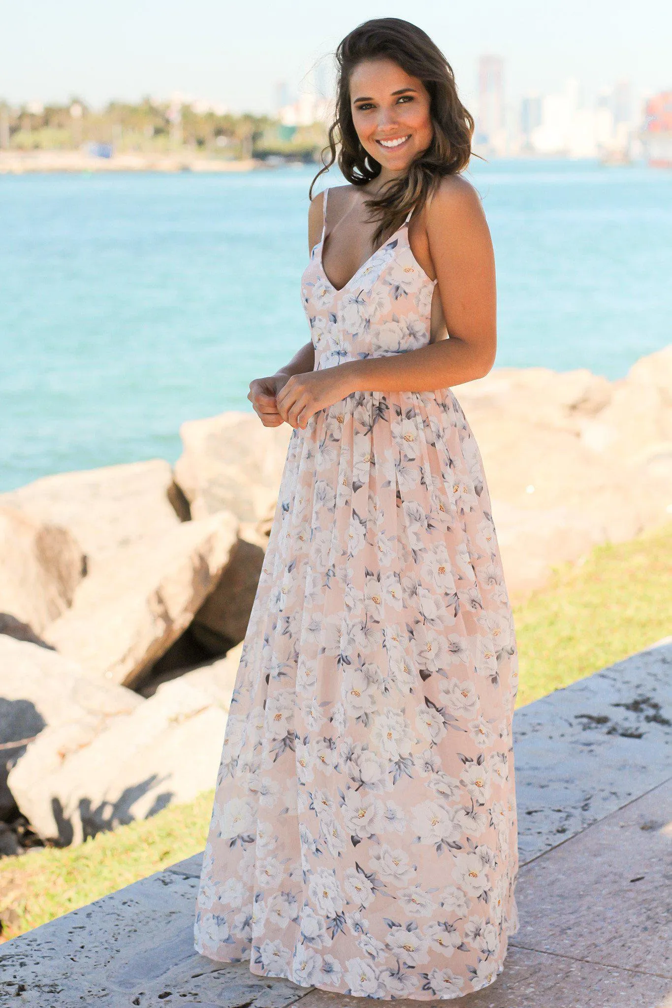 Blush Floral Maxi Dress with Open Back