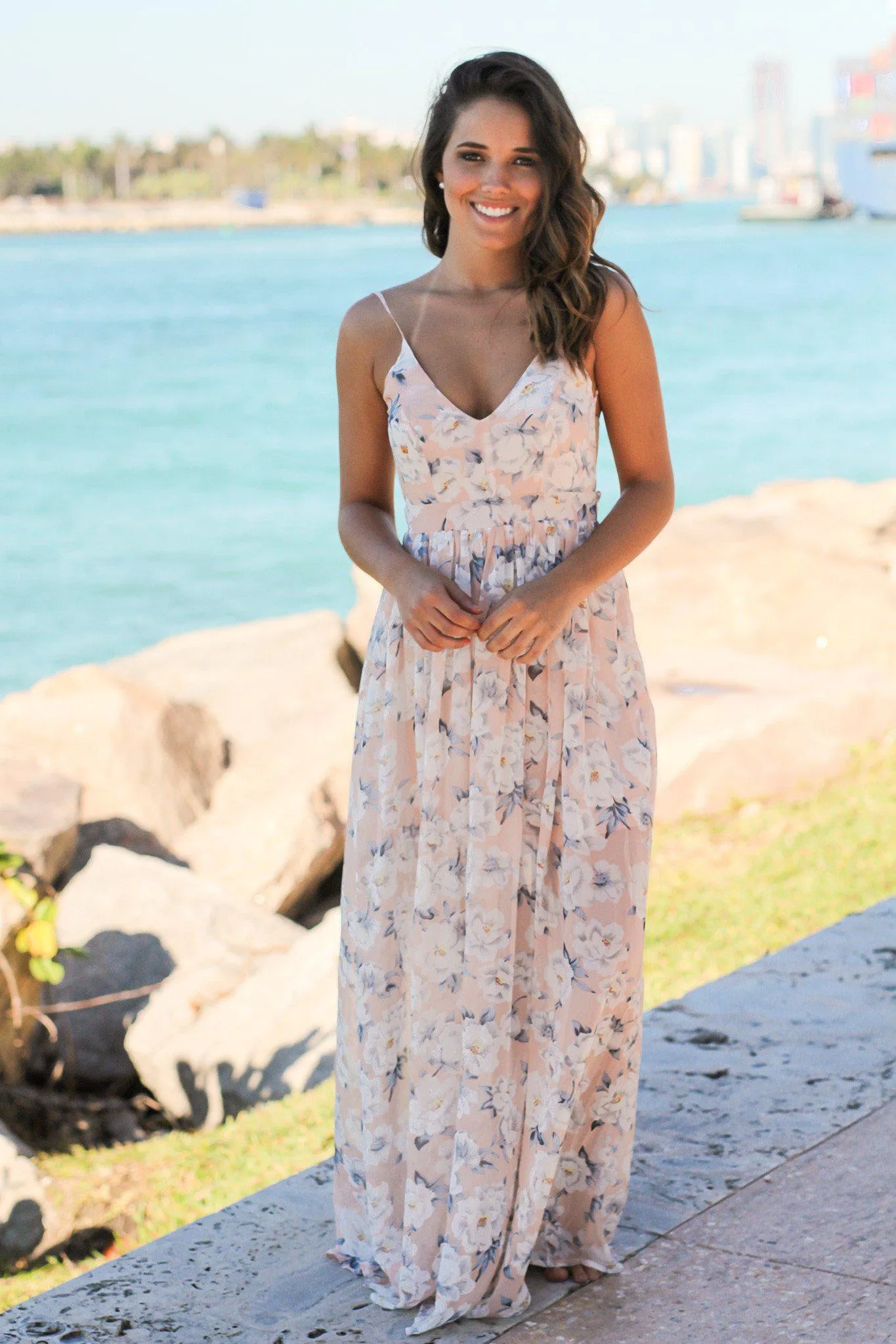 Blush Floral Maxi Dress with Open Back