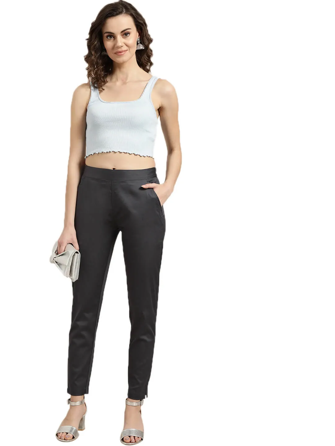 Charcoal Grey Solid Cotton Lycra Pants