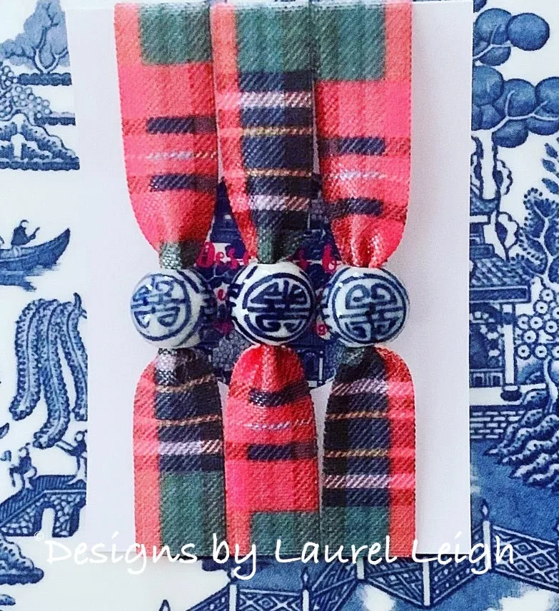 Chinoiserie Elastic Hair Ties- Set of 3 - Red Tartan Plaid