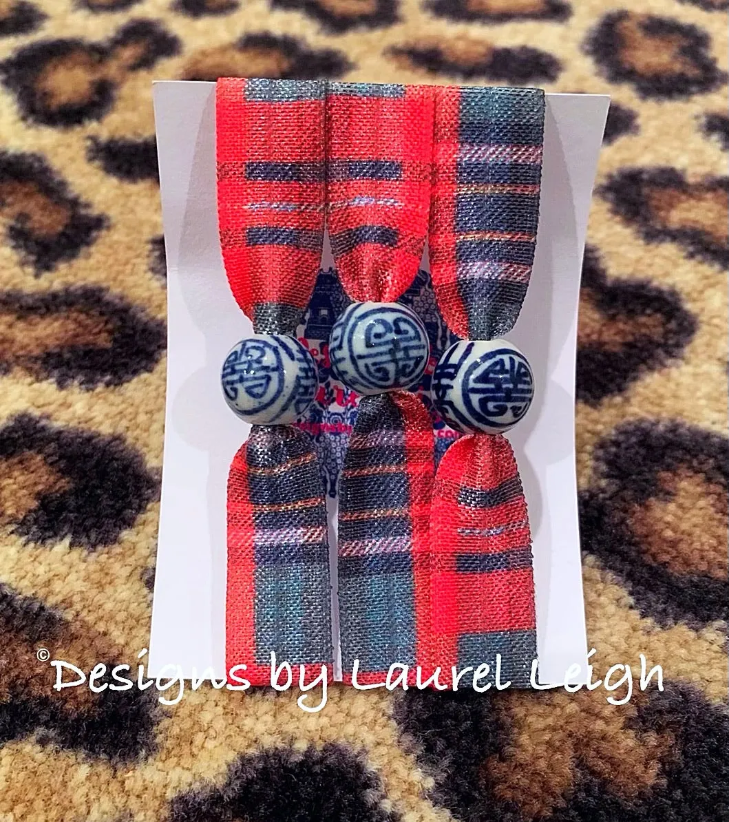 Chinoiserie Elastic Hair Ties- Set of 3 - Red Tartan Plaid