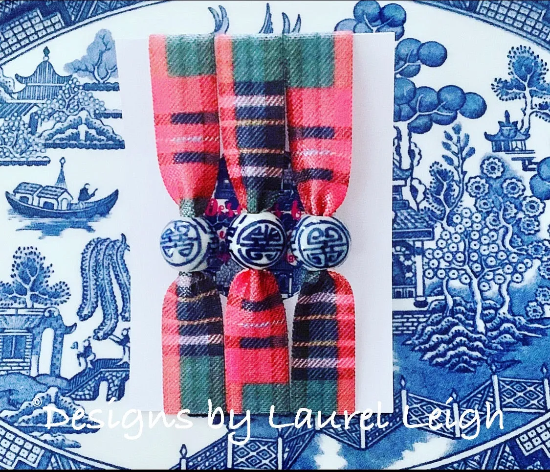 Chinoiserie Elastic Hair Ties- Set of 3 - Red Tartan Plaid