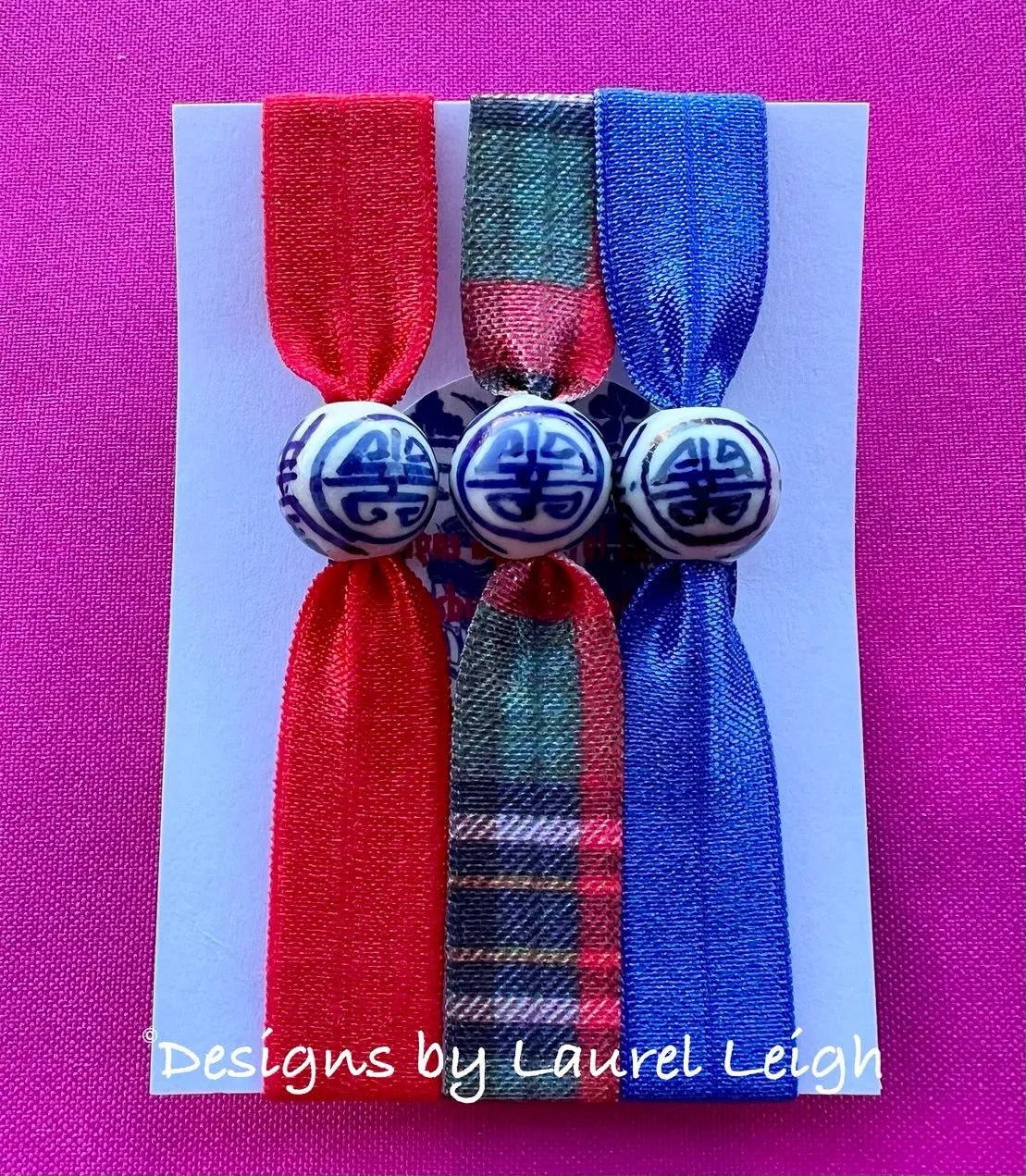 Chinoiserie Elastic Hair Ties- Set of 3 - Red Tartan Plaid