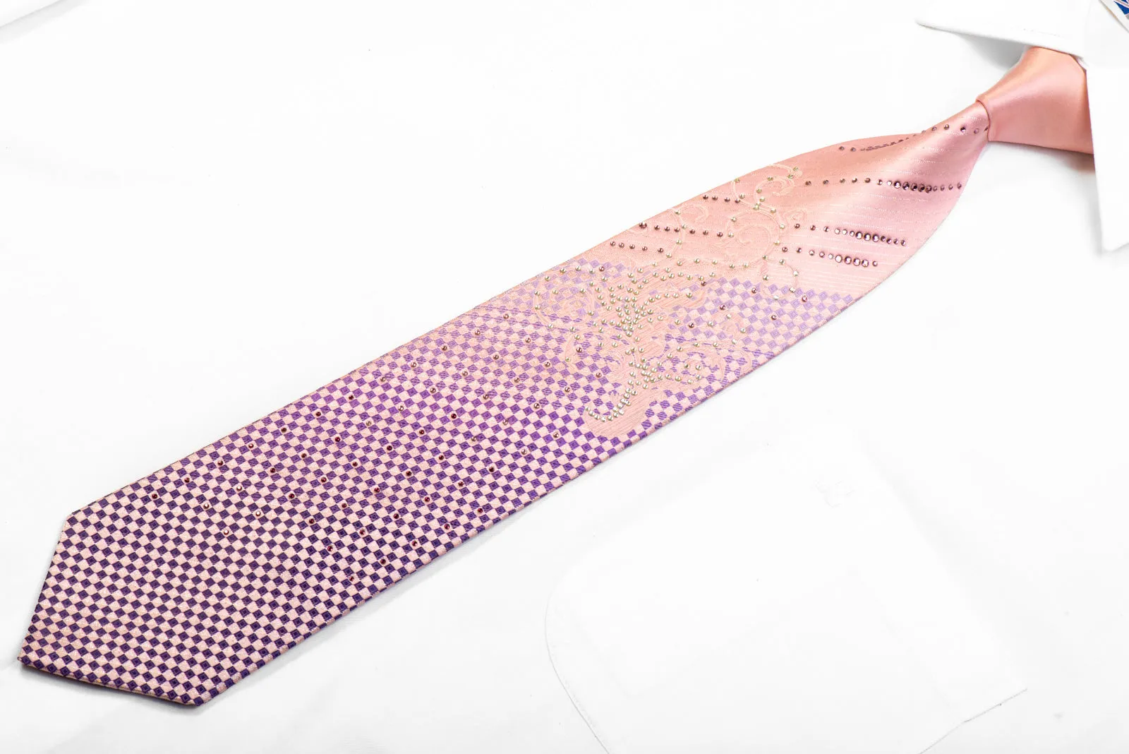 Christian Aujard Rhinestone Silk Tie Purple Checkered Scrolls On Pink