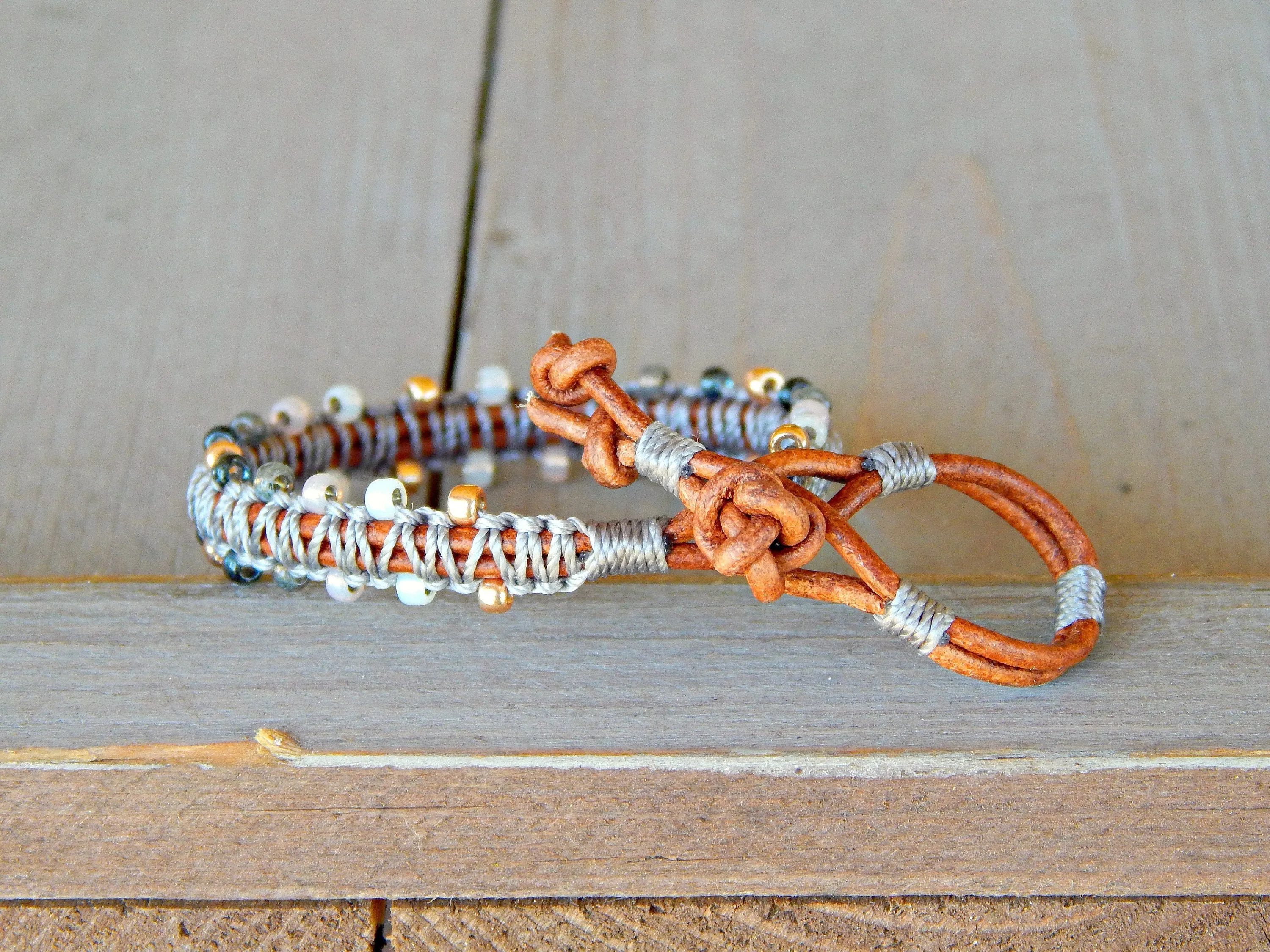 Copper Navy Gray Side beaded Macrame Woven Leather Stack bracelet