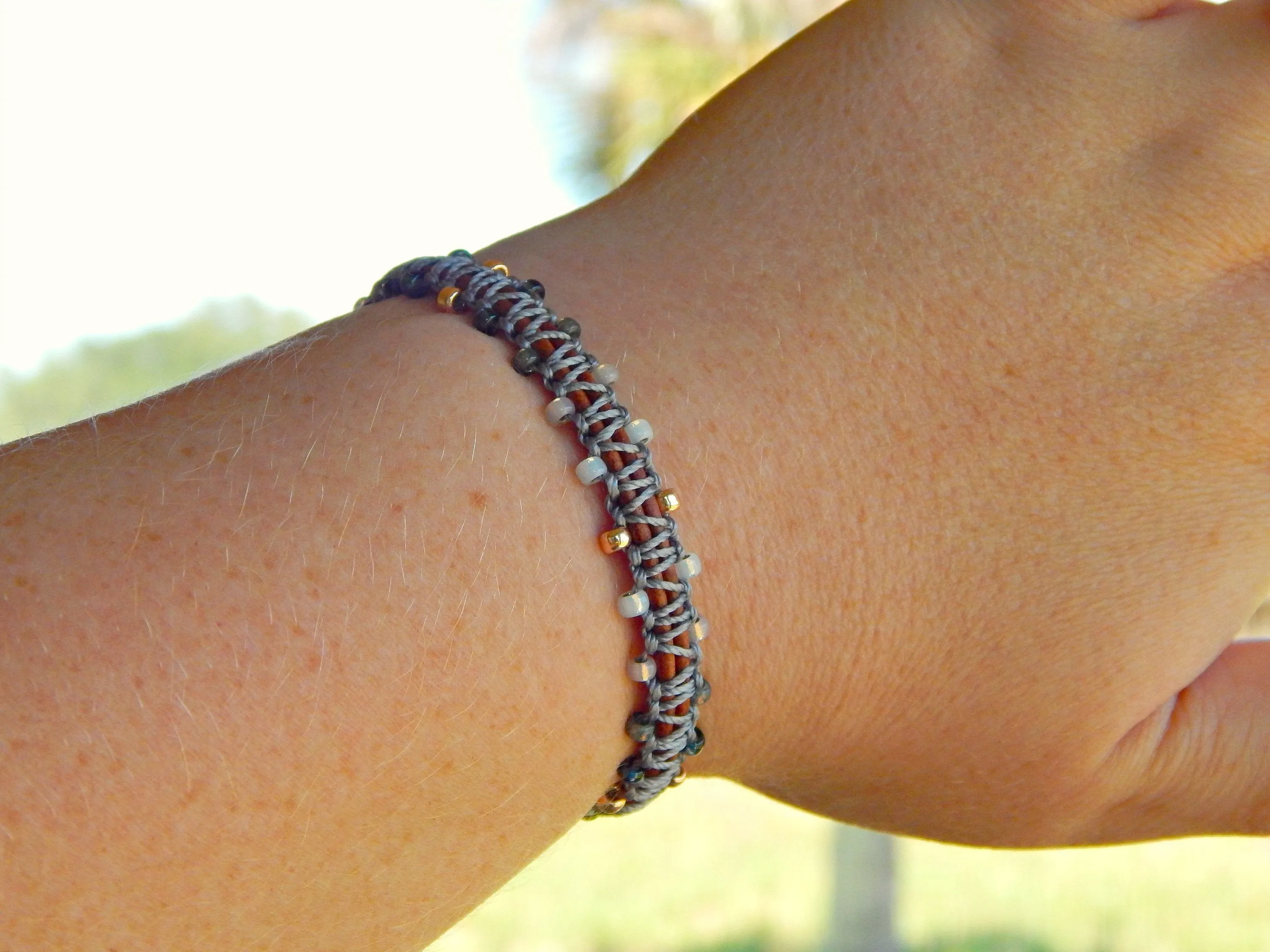 Copper Navy Gray Side beaded Macrame Woven Leather Stack bracelet