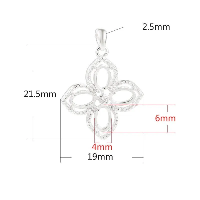 Crystals Flower Oval Base Pendant Setting Blank Sterling Silver Rose Gold Fine 925 4x6 mm For Four Stones 4 Prongs DIY Jewelry Wholesale