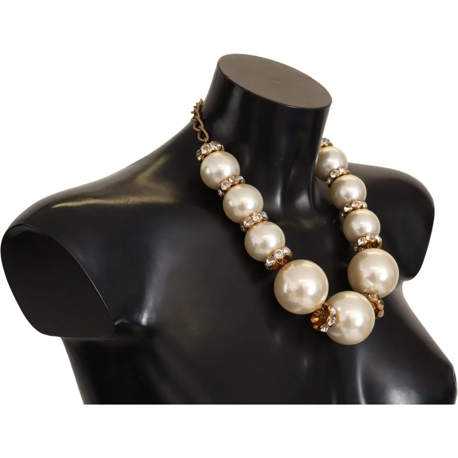 Dolce & Gabbana Elegant Faux Pearl Charm Necklace with Crystal Accents