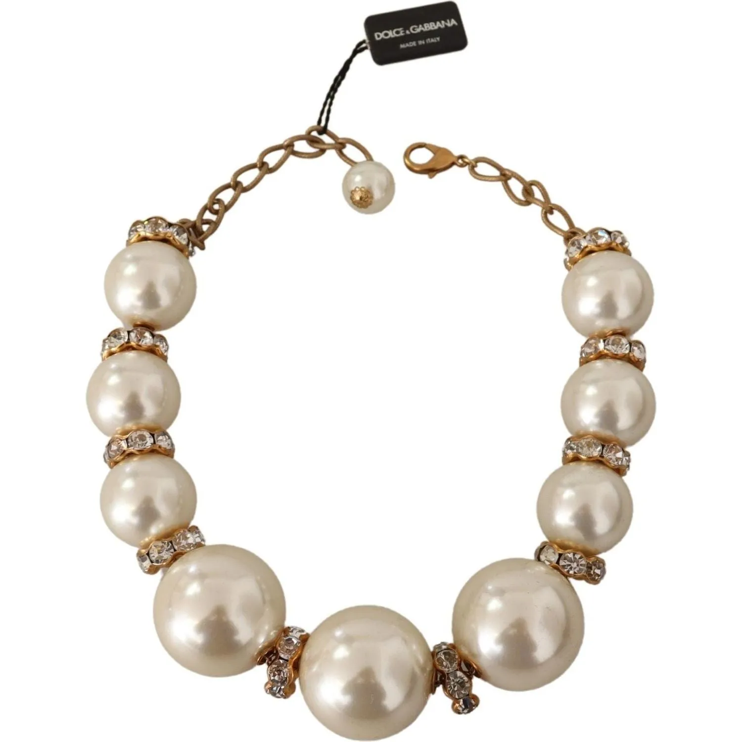 Dolce & Gabbana Elegant Faux Pearl Charm Necklace with Crystal Accents