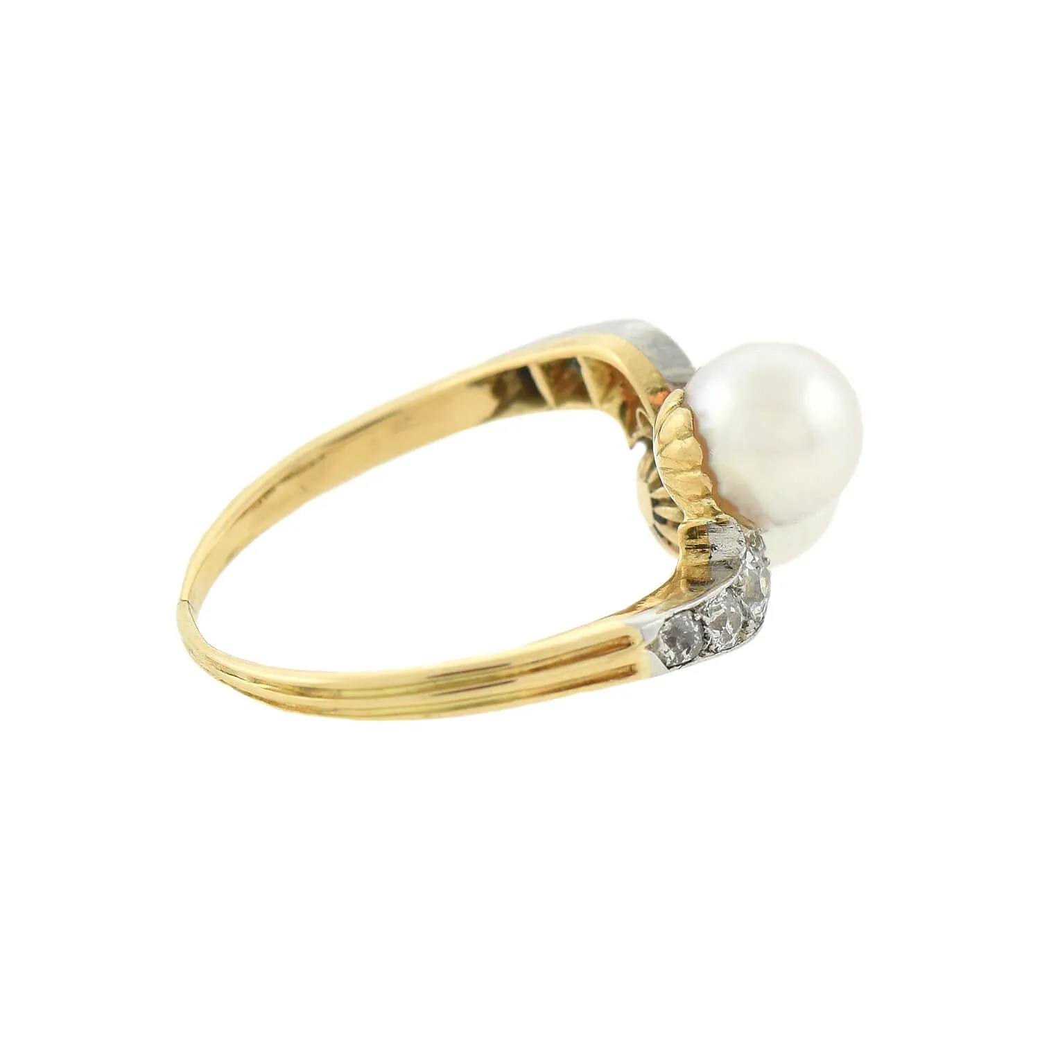 Edwardian 14kt/Platinum Diamond   Natural Pearl Bypass Ring