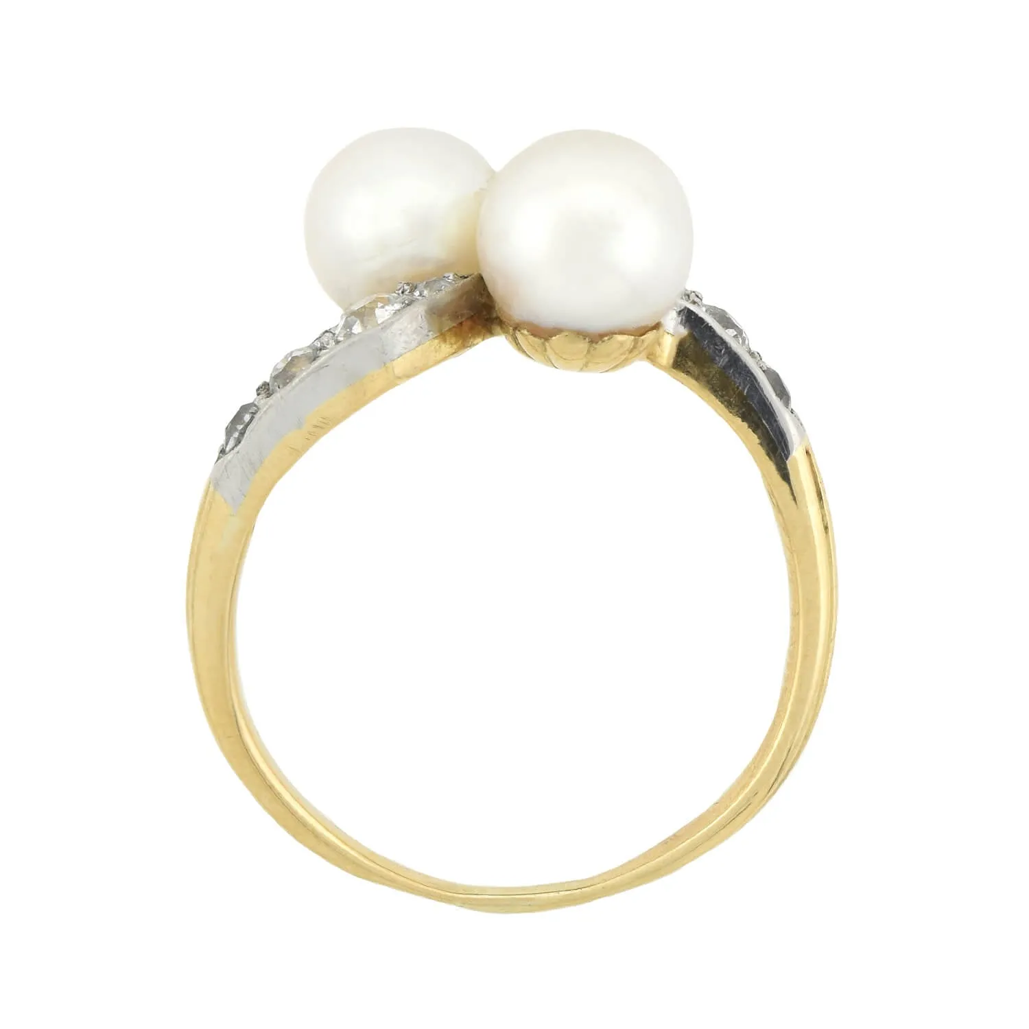 Edwardian 14kt/Platinum Diamond   Natural Pearl Bypass Ring