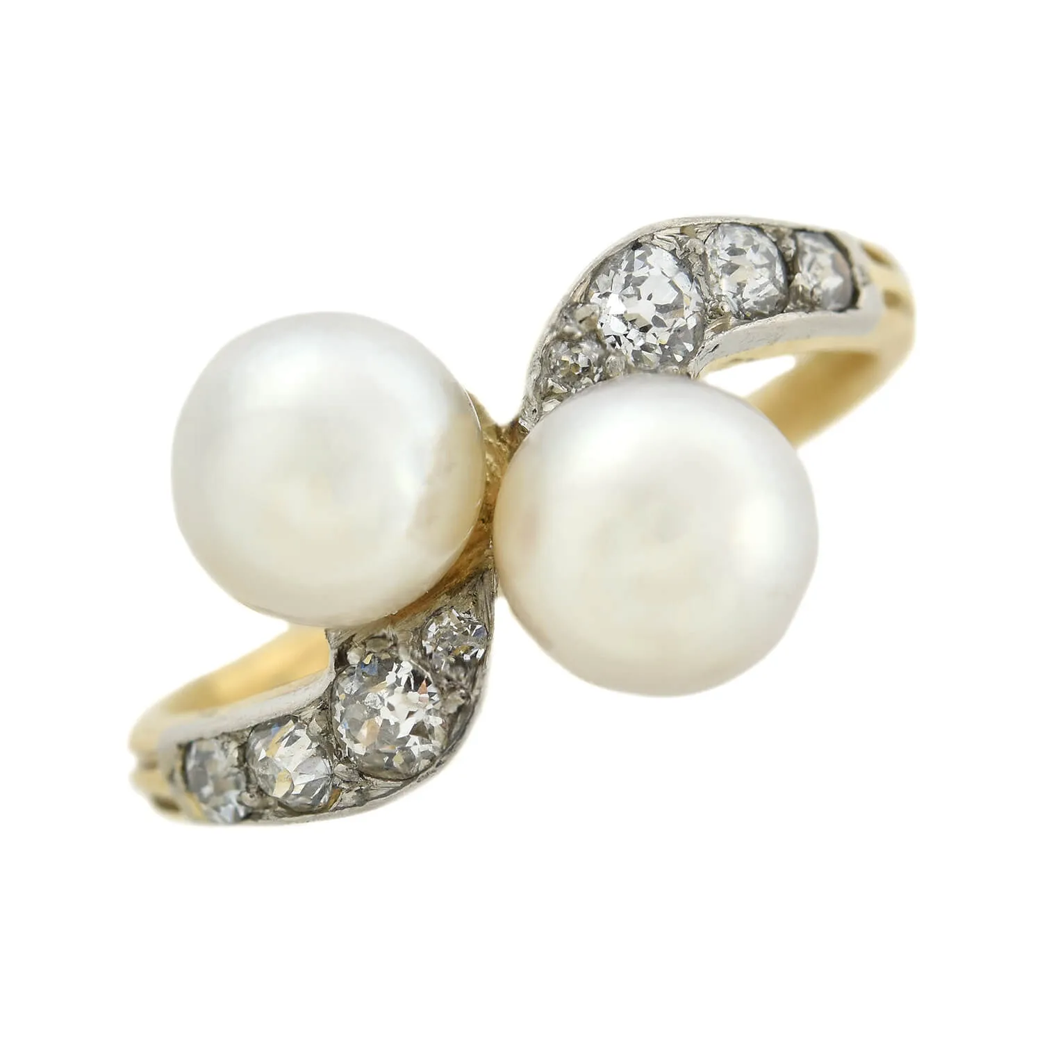 Edwardian 14kt/Platinum Diamond   Natural Pearl Bypass Ring