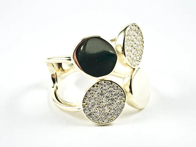 Elegant Multi Round Shape Disc Design Pattern Shiny Metallic & Pave Style Gold Tone Silver Ring