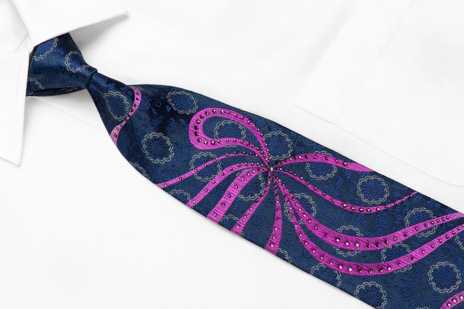 Elle Homme Men's Crystal Silk Necktie Purple Waves & Floral On Navy Blue With Silver Sparkles