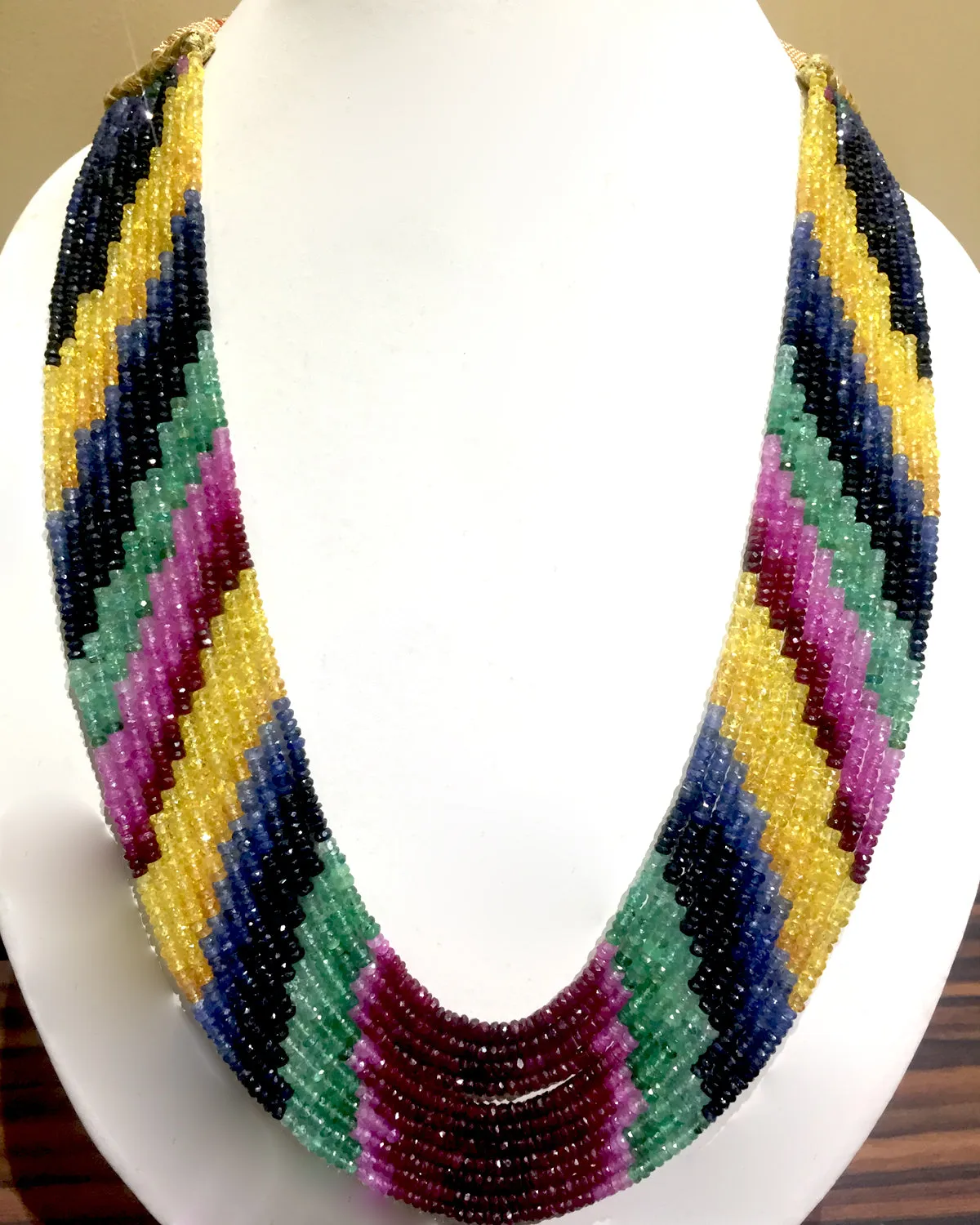 Emerald Ruby Sapphire Multi 11 Strand Beads Necklace