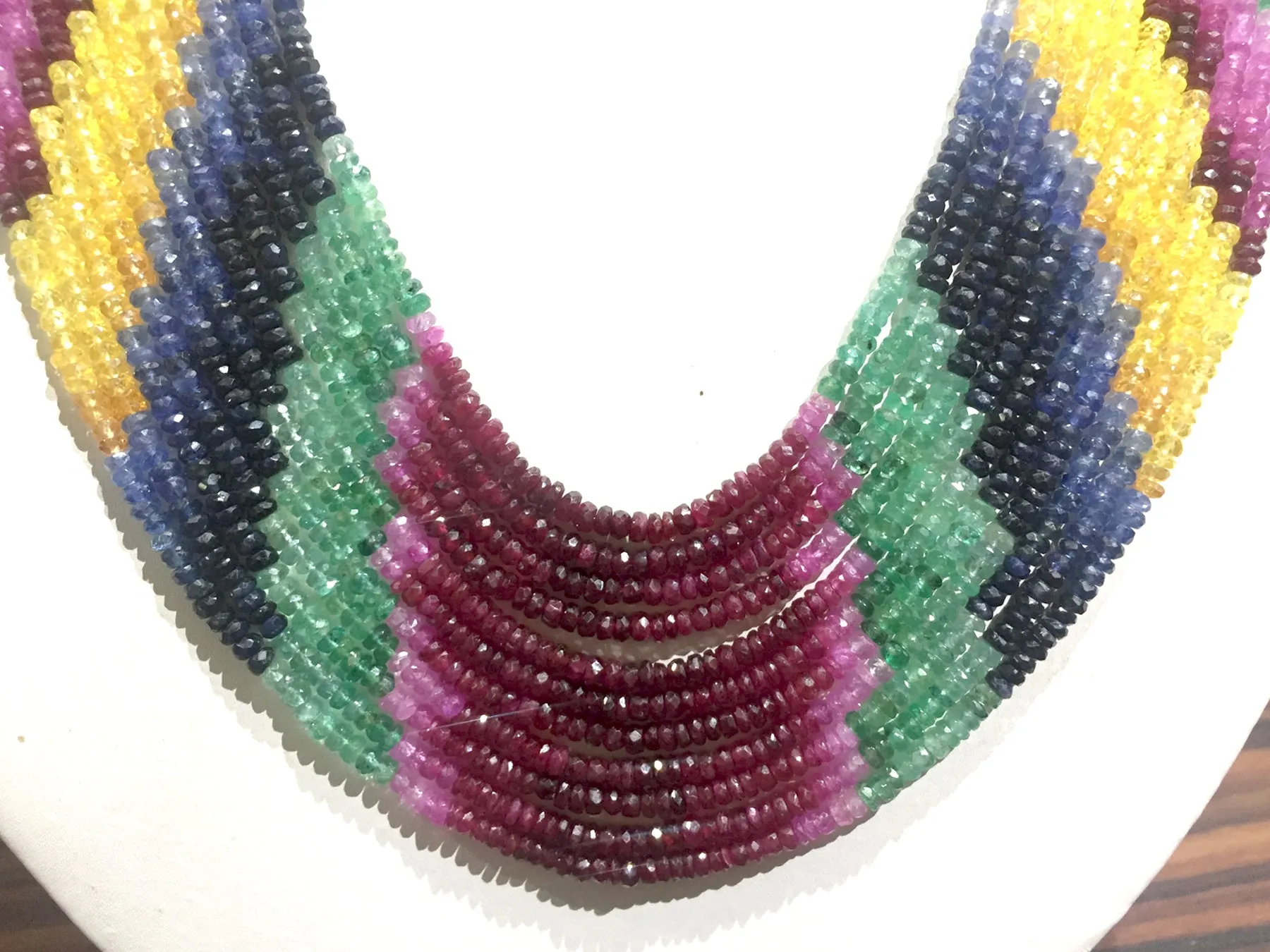 Emerald Ruby Sapphire Multi 11 Strand Beads Necklace