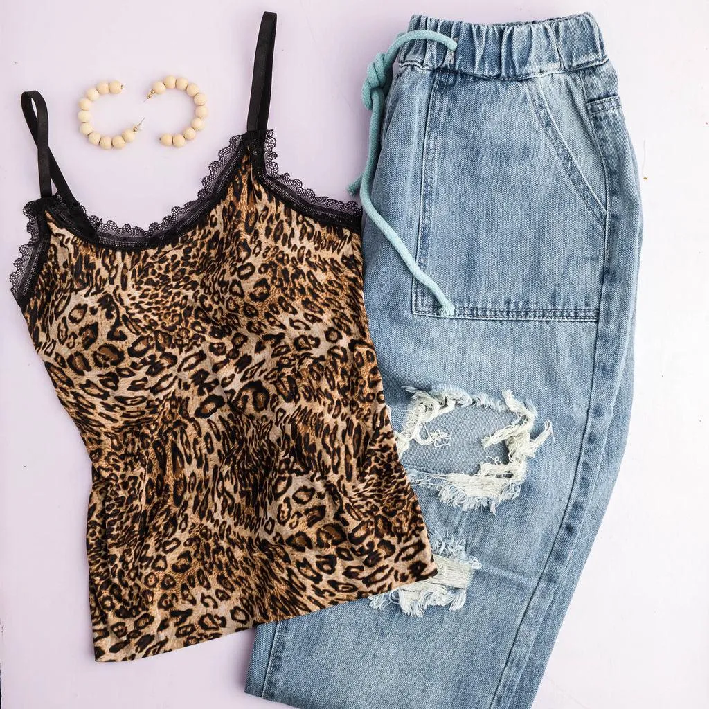 FINAL SALE - Leopard Satin Lace Built In Bra Padded Cami Crop Tank