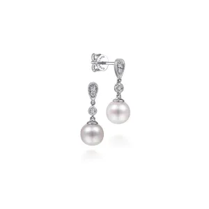 Gabriel & Co. Vintage Style Pearl Drop Diamond Earrings