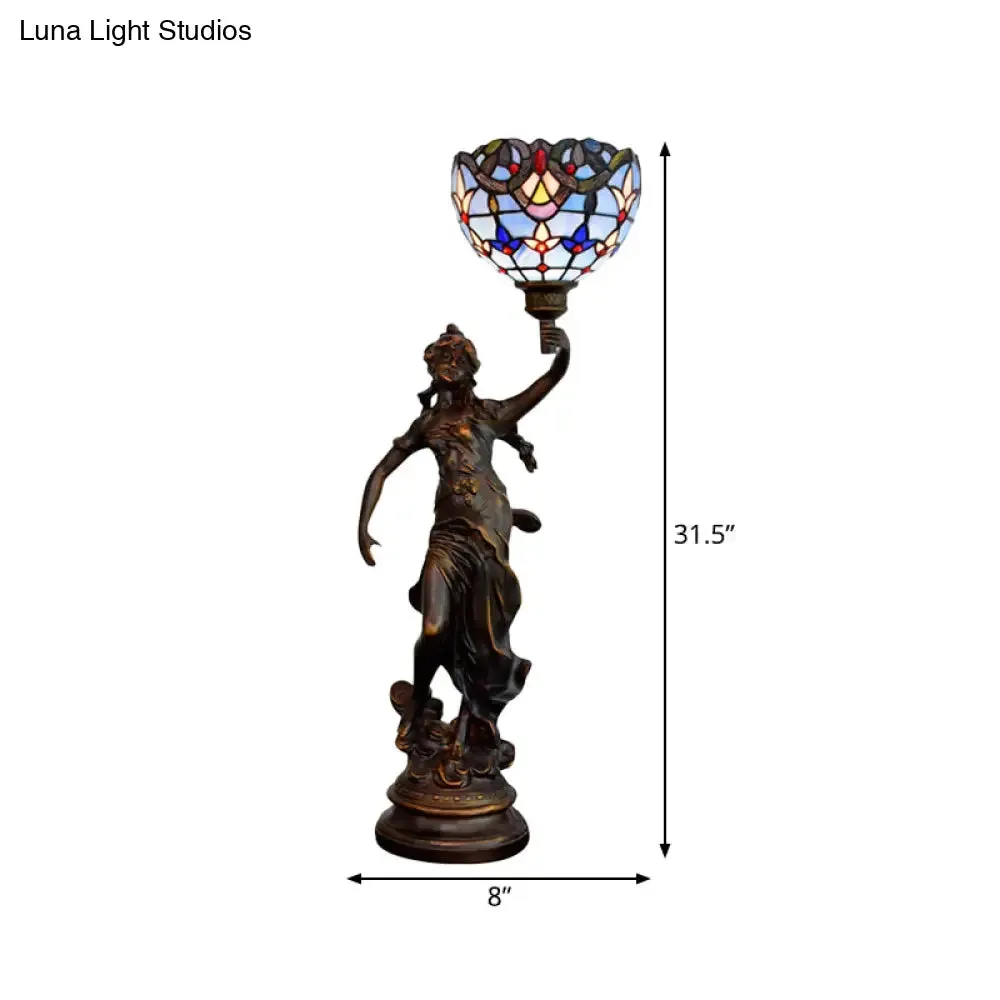 Gatria - Bronze Bronze Women Sculpture Night Lamp Victorian Style 1 Head Resin Table Light with Blue-White/Blue Tiffany Glass Shade