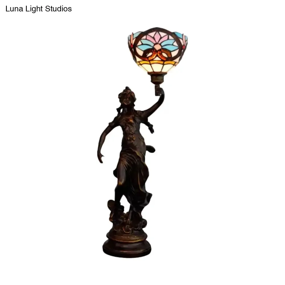 Gatria - Bronze Bronze Women Sculpture Night Lamp Victorian Style 1 Head Resin Table Light with Blue-White/Blue Tiffany Glass Shade