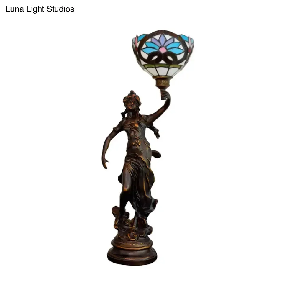 Gatria - Bronze Bronze Women Sculpture Night Lamp Victorian Style 1 Head Resin Table Light with Blue-White/Blue Tiffany Glass Shade