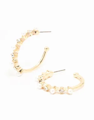 Gold Pearl & Diamante Hoop Earrings