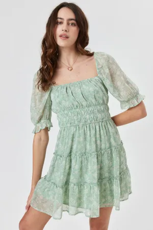 Green Mint Ruched Waist Tier Dress