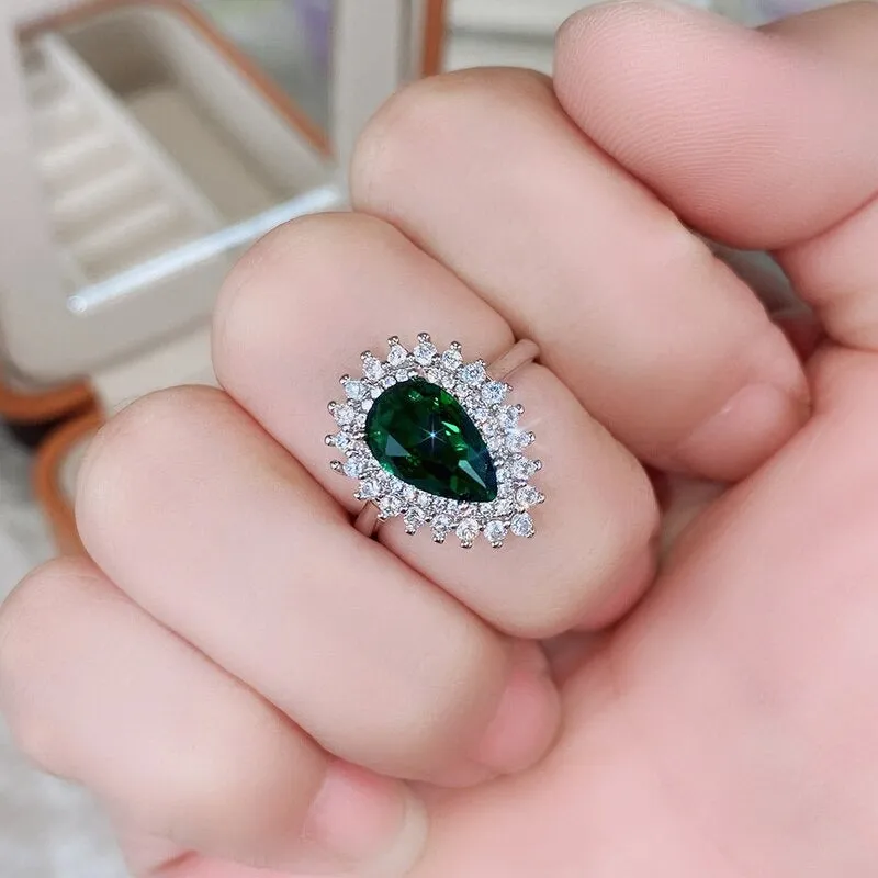 Green Pear-shaped Crystal Ring Noble Vintage Style Accessories Gorgeous Gift