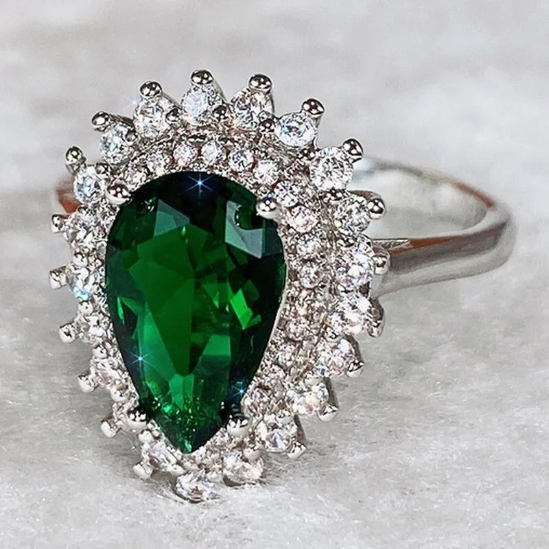 Green Pear-shaped Crystal Ring Noble Vintage Style Accessories Gorgeous Gift