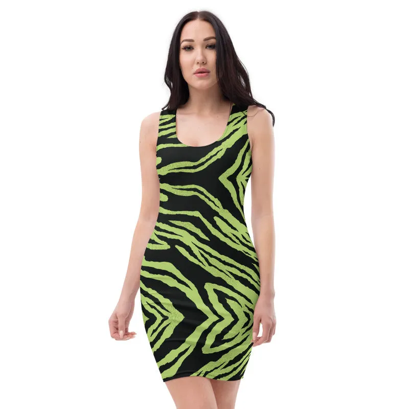 Green Tiger Stripe Women's Dress, Sexy 1-piece Sleeveless Best Party Dress-Made in USA/EU