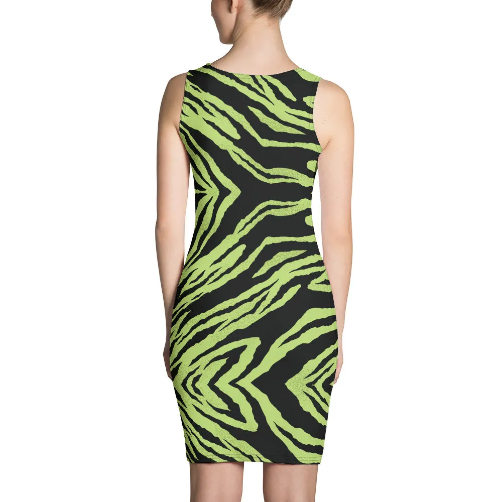 Green Tiger Stripe Women's Dress, Sexy 1-piece Sleeveless Best Party Dress-Made in USA/EU