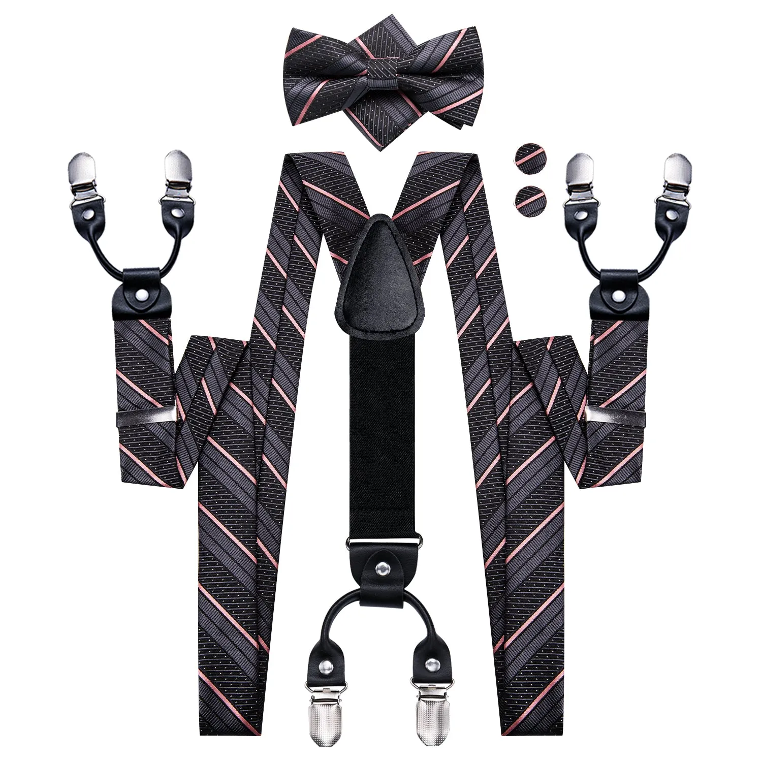 Hi-Tie Black Accessory Pink Stripe Suspender Bowtie Hanky Cufflinks Set